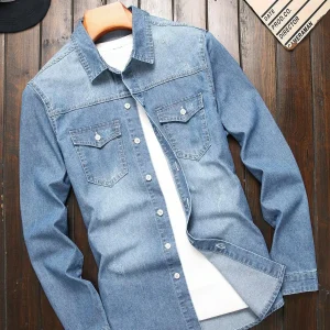 Men's denim shirts for spring and autumn. Blue denim shirts. Trendy and fashionable. Daily casual street style.
