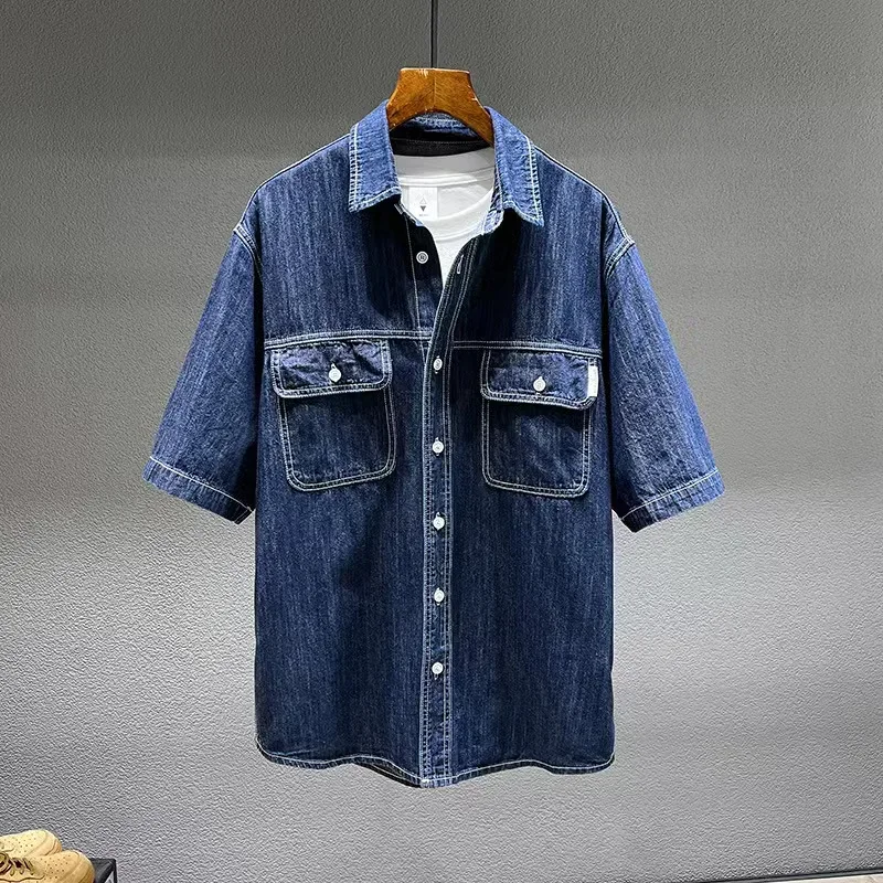 Summer New Men's Denim Short-sleeved Shirt Retro Large Size Tooling Loose Casual Denim Tops All-match 7XL 8XL