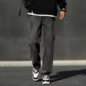 Korean Fashion Men's Baggy Jeans Elastic Waist Classic olid Color Straight-leg Denim Wide-leg Pants Male Light Blue Grey Black