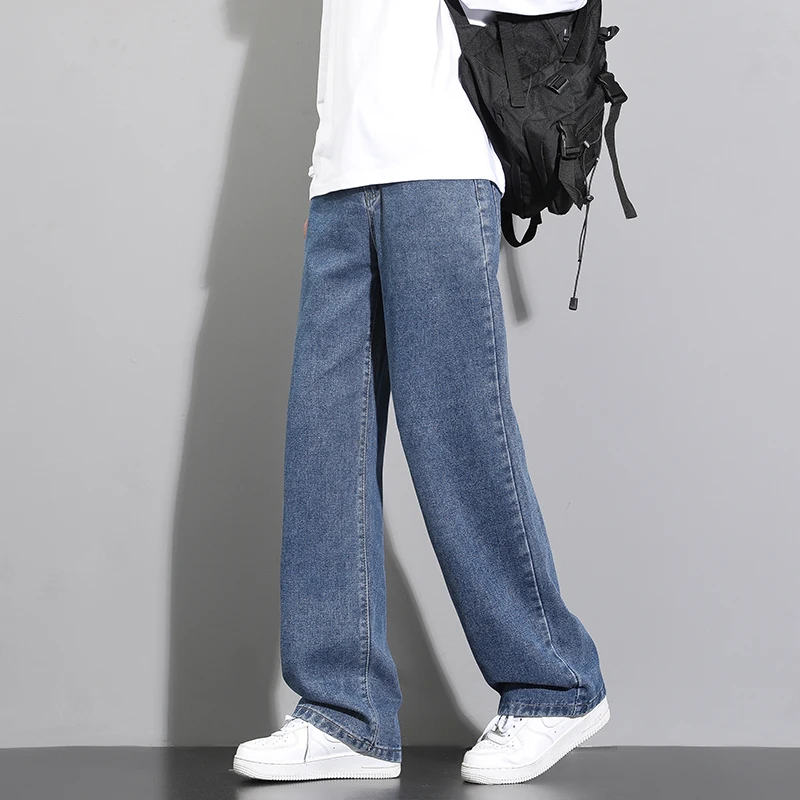 2025 New Korean Men's Casual Long Jeans Classic Man Straight Denim Wide-leg Pants Solid Color Light Blue Grey Black - Image 5