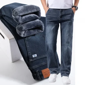 Men's Winter Warm Fleece Lined Thick Stretchable Business Casual Jeans Lightweight Trousers for Office And Daily Wear