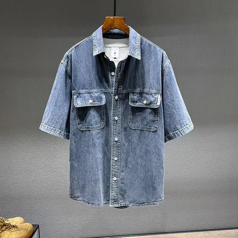 Summer New Men's Denim Short-sleeved Shirt Retro Large Size Tooling Loose Casual Denim Tops All-match 7XL 8XL - Image 4